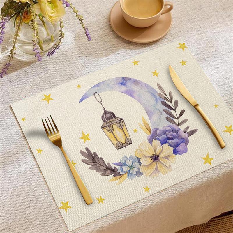 4/2 Stück Happy Ramadan Laterne und Mond Tischsets Festliche Atmosphäre Dekoration Leinen Tischgeschirr Matte Hitzebeständig