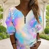 Women Plus Size V Neck Half Zip Multicolor Printed Long Sleeve Sweatshirt