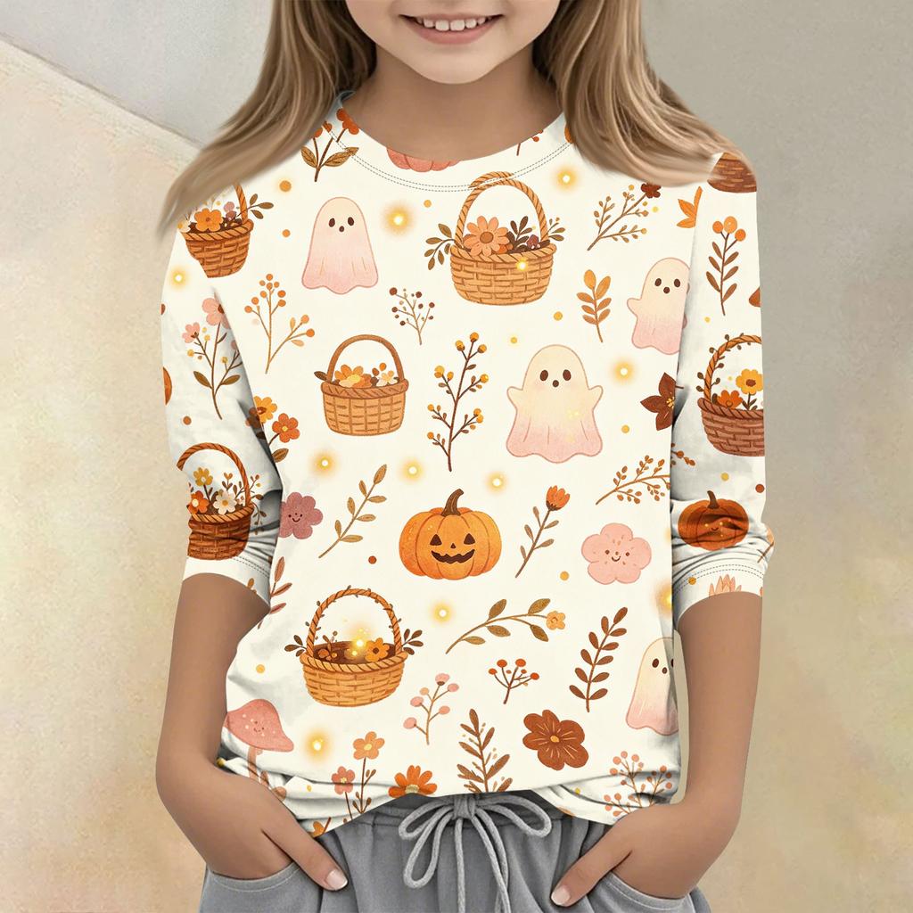 Kids Halloween Print Crew Neck Three Quarter Sleeve Casual T Shirt Top Boys Girls Comfortable Fit Soft Fabric Seasonal Wear