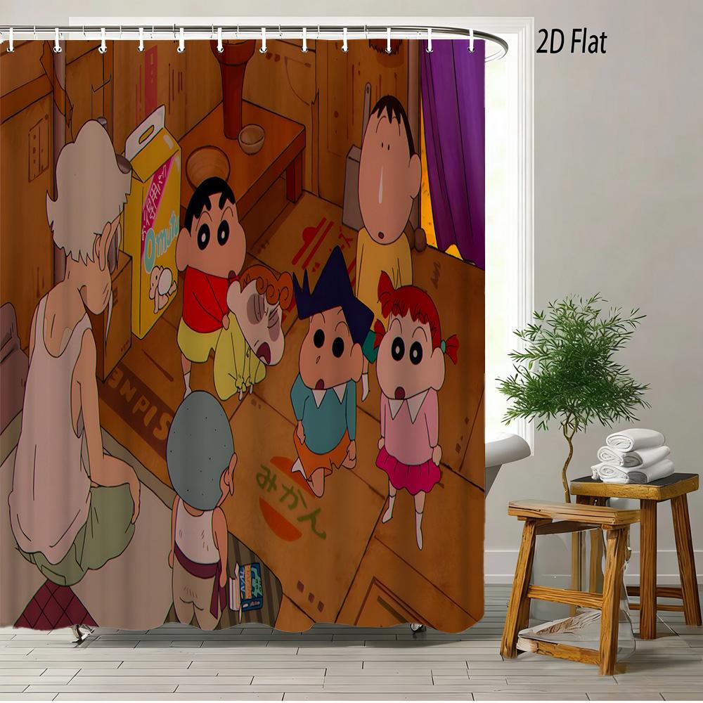 Crayon Shin-Chan & Friends & Shiro & Strange Creature On Green Grass Scene 2D Print Waterproof Shower Curtain, Bright Green Bath