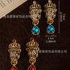 Vintage Colored Heavy Industry Mythical Beast Leopard Head Shaped Earrings Set With Diamonds Water Droplets Retro Atmospheric