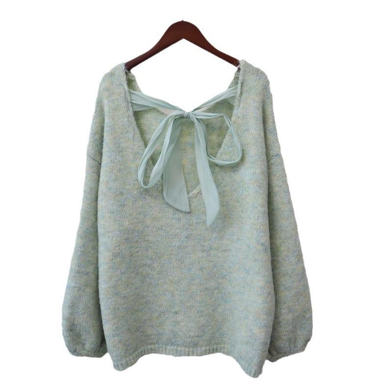 Design Sense Back Bow Tie Lazy Style Loose and Thin Knitted Sweater Top Autumn New Sweater Pullover Woman