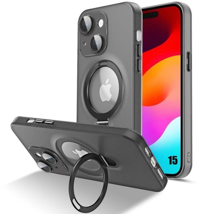 Coque pour iPhone 15, Antichoc Anti-Rayures Rigide avec Support Magnétique Rotatif et Protection Caméra - Translucide Noir