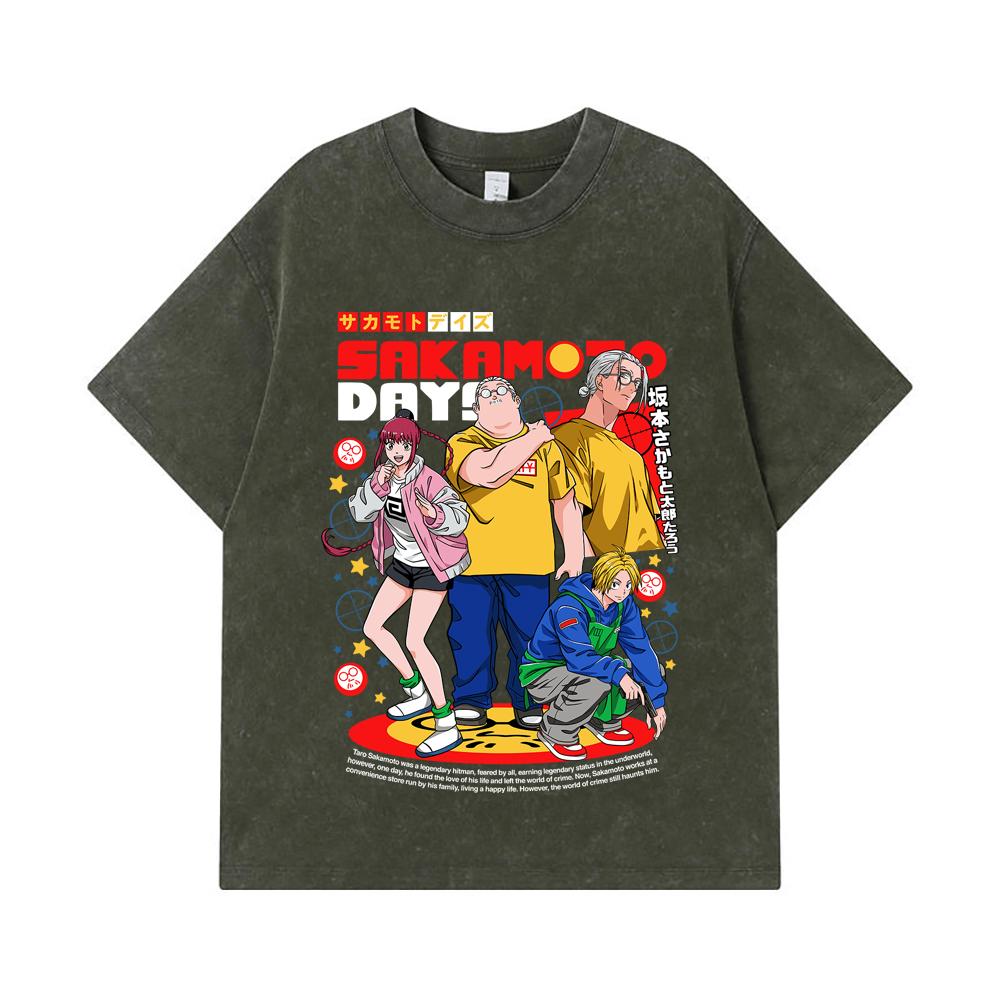 275 GSM Washed T-shirts 100% Cotton Sakamoto Days V2 Print Unisex Heavy Cotton T Shirt
