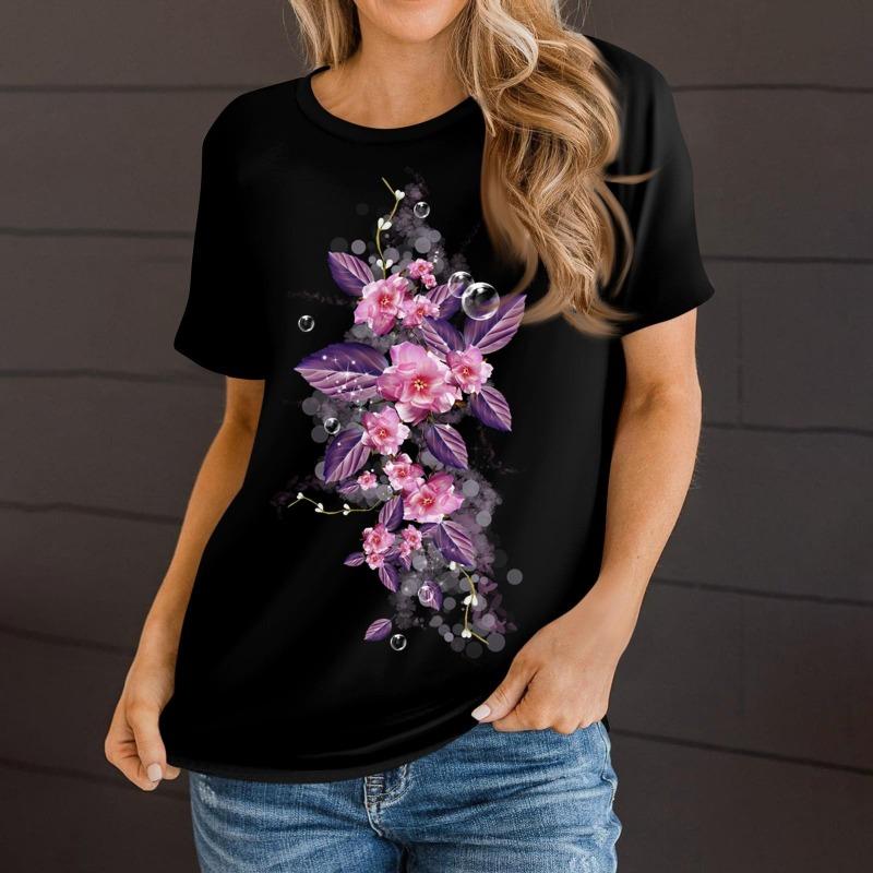 Women's Short Sleeve T Shirts Crewneck Loose Casual Tee Flower Print Tops for Women Tee Shirts