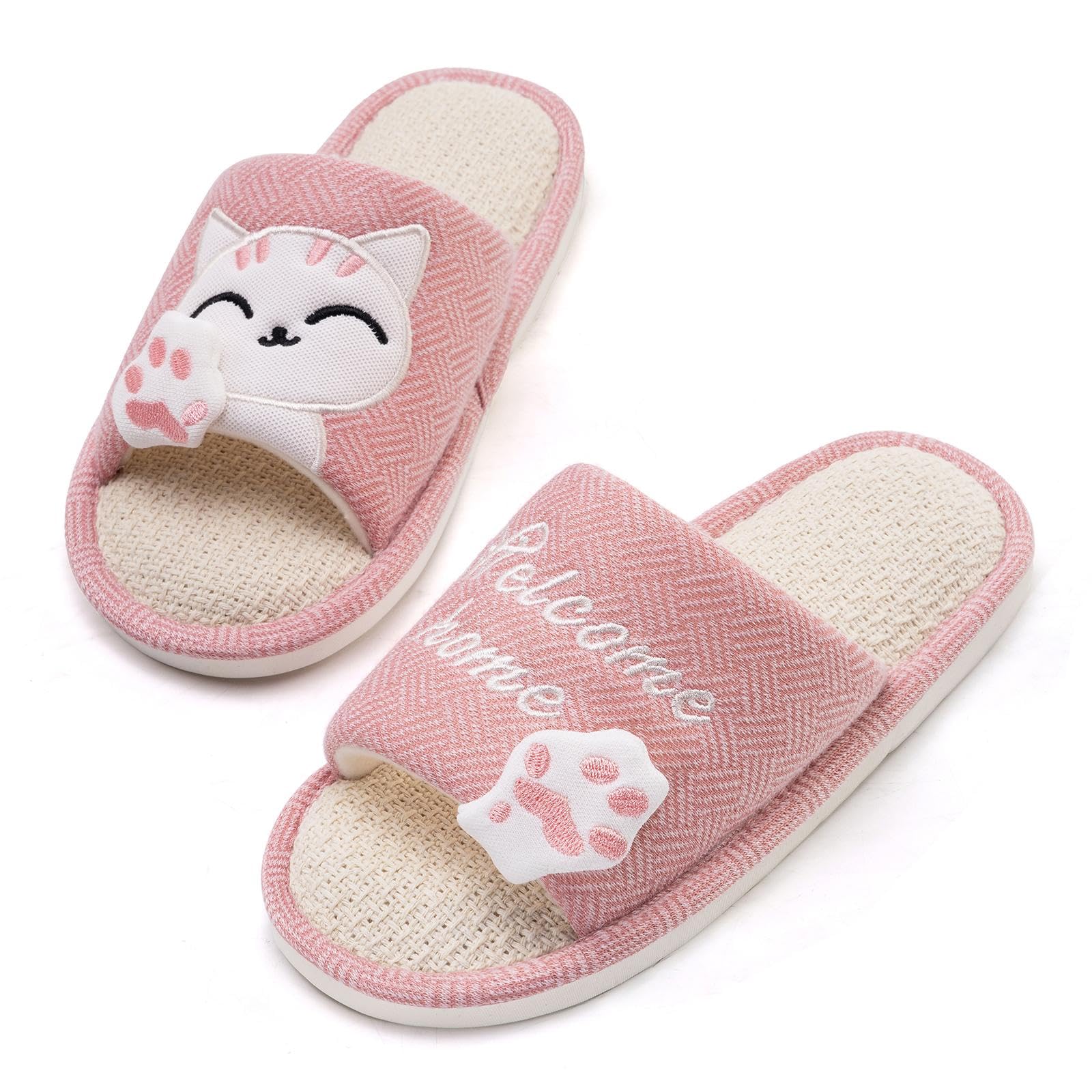 

Mishansha Льняные тапочки для мужчин и кошек, подходящие для гостей и всех сезонов, с открытым передом, женские, с принтом, легкие, бесшумные, розовый