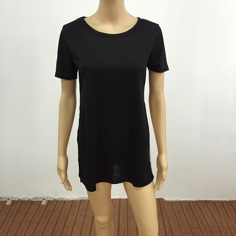 Women's Premium Quality Long T-shirt Round Neck Short Sleeve Split Tops Casual Dress