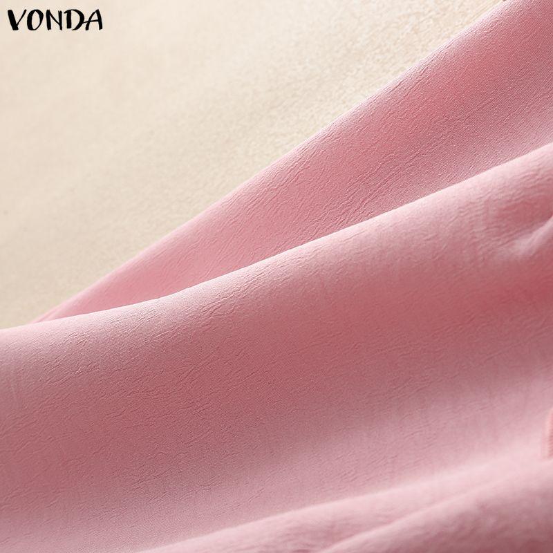 VONDA Women Casual O Neck Solid Color Summer Short Sleeve Blouse Tops