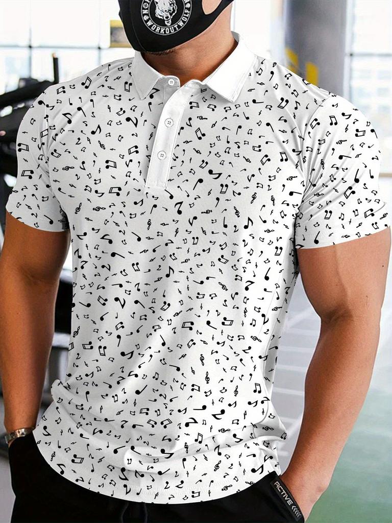 Print Design – Non-Textured Men'S Short Sleeve Polo, Stylish Golf Shirt in Black And White with Music Elements And Note Patterns, Trendy Casual Men'S