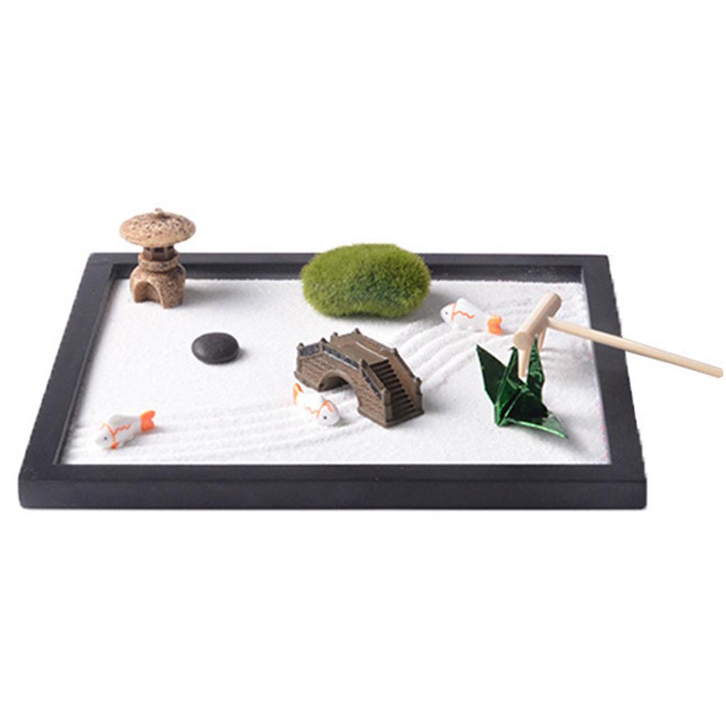 Zenes Garden Set for Desk with Rakes,Sand,Round Base,Miniature Pagoda Figure,Small Bridge Japanese Zenes Sand Garden