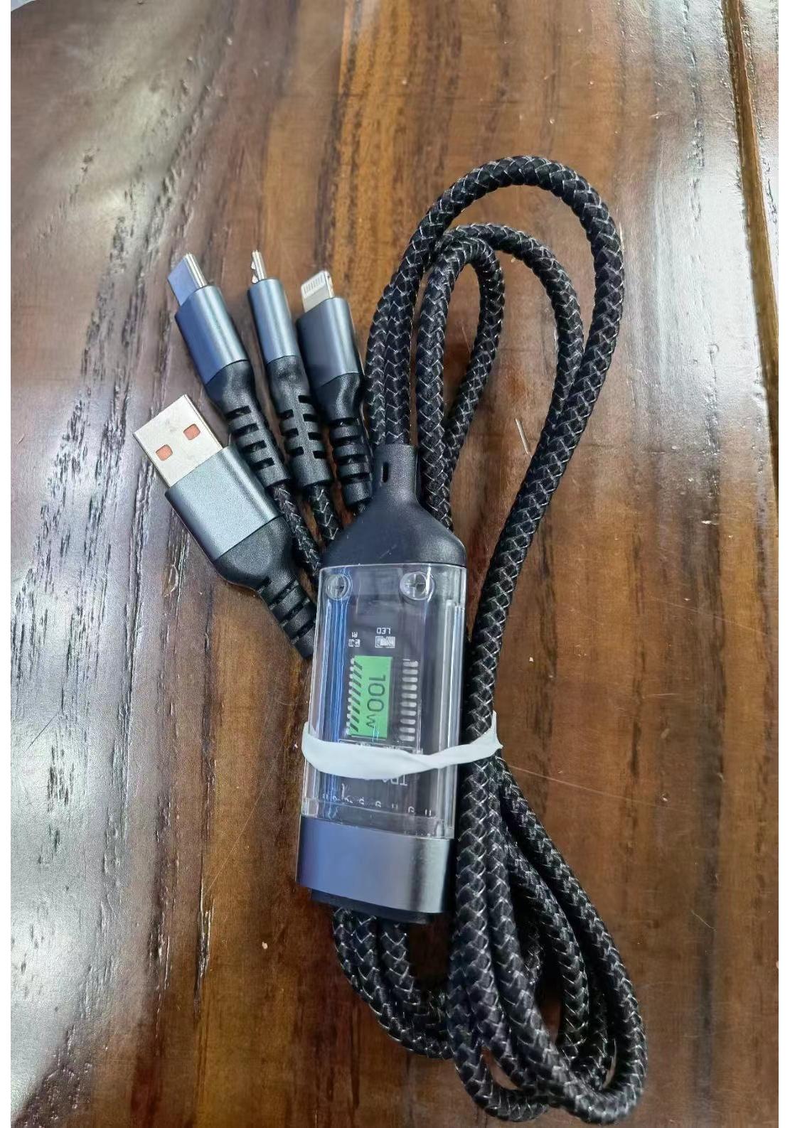 100W 6A Fast Charge Transparent 3-in-1 Data Cable for Android, Huawei, Apple