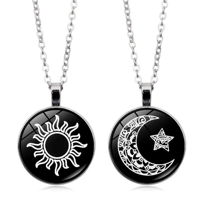 Vintage Luminous Sun Moon Lovers Time Gem Pendant Necklace Women's Jewelry Sweater Chain