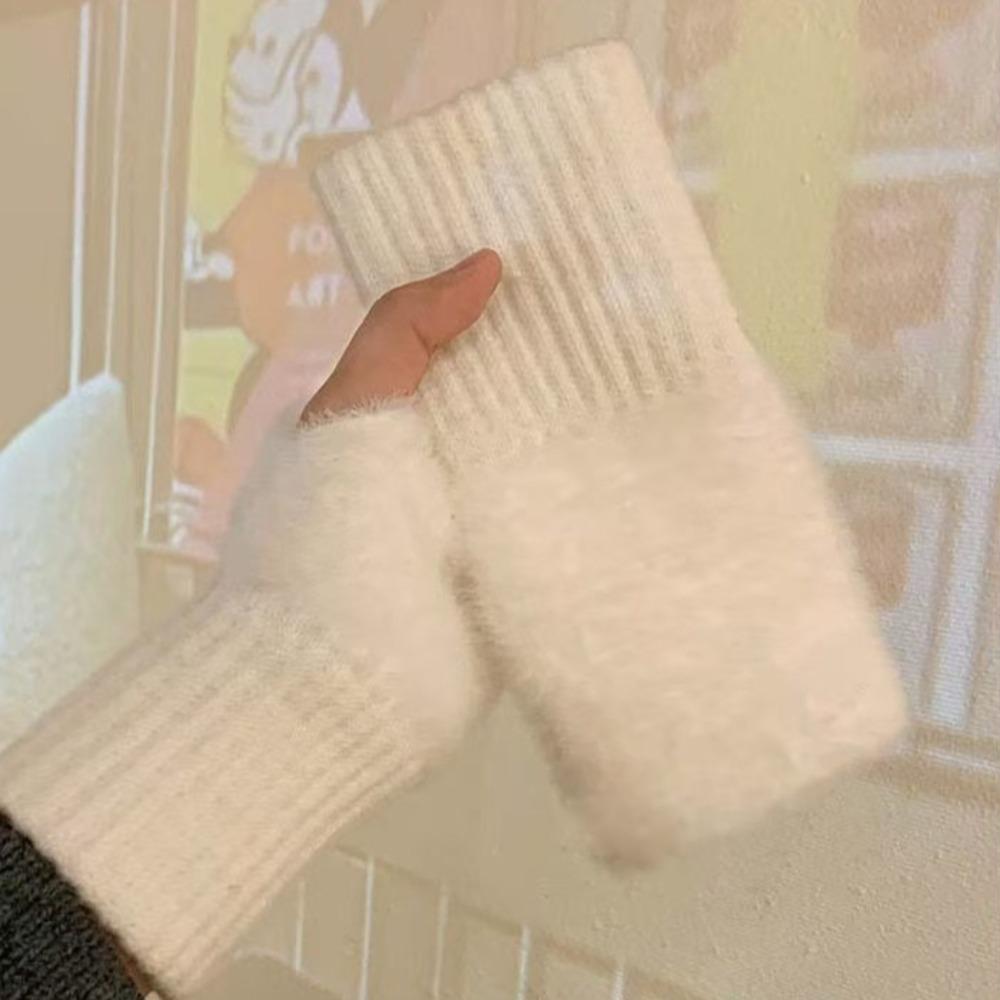 Soft Winter Half Finger Gloves Women Warm Luxury Solid White Plush Knitted Fingerless Gloves Wrist Mittens