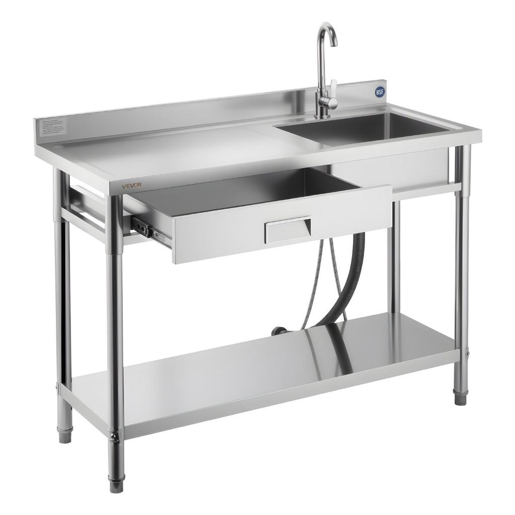 Stainless Steel Utility Sink, Rolling Single Bowl Commercial Kitchen Sink with Drawer, Faucet and Hot & Cold Water Pipe, Utility Basin for Garage,