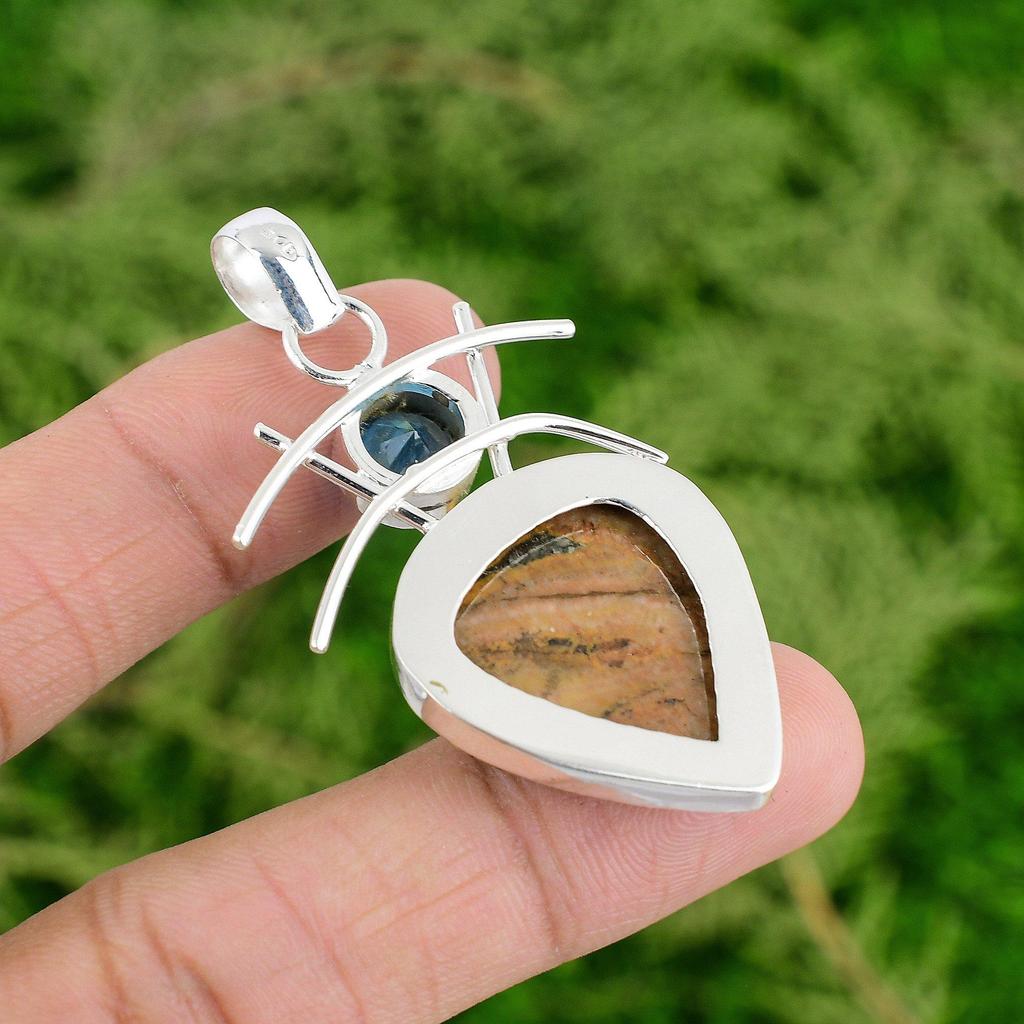 Daughters Day Sale 925 Sterling Silver Bauxite Stone Swiss Blue Topaz Pendant