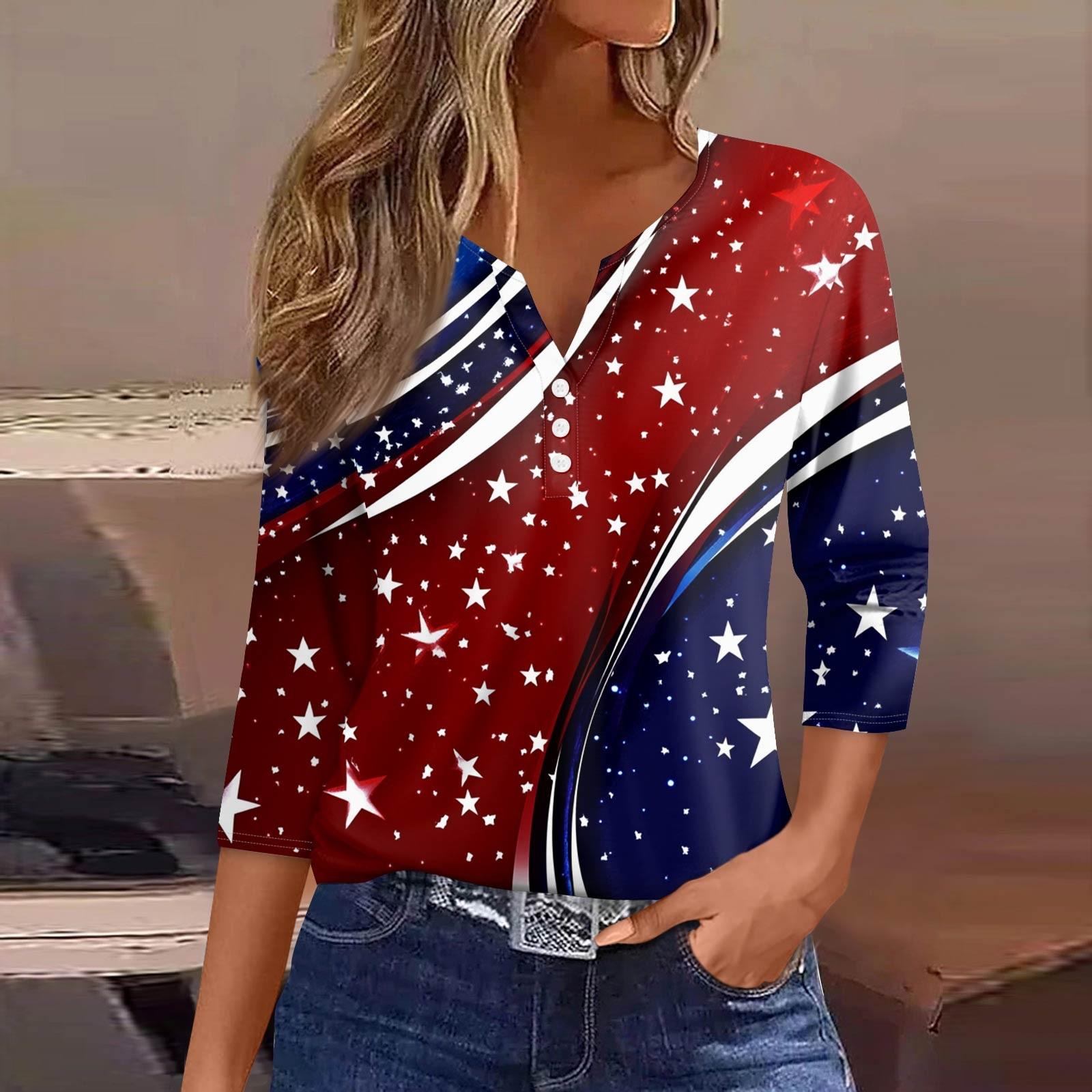 Women s Fashion Button V Neck Seven Sleeve Independence Day Printed Top XXL