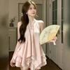 New Chinese-style suit, female summer national style is very good-looking, pink irregular neck top, cake half skirt, a complete set