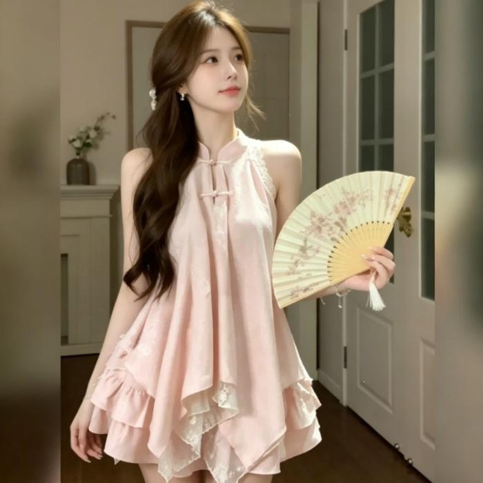 New Chinese-style suit, female summer national style is very good-looking, pink irregular neck top, cake half skirt, a complete set