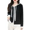 Women's 100% Pure Wool Hooded Cardigan with Zipper – Color Block Knitwear, Loose Fit.