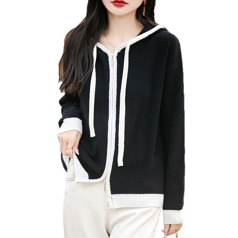 Women's 100% Pure Wool Hooded Cardigan with Zipper – Color Block Knitwear, Loose Fit.