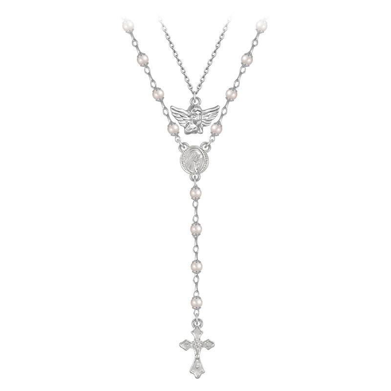 Simple Light Luxury Multi-Layer Cross Virgin Angel Round Brand Pearl Cross Collar Sweater Chain Necklace