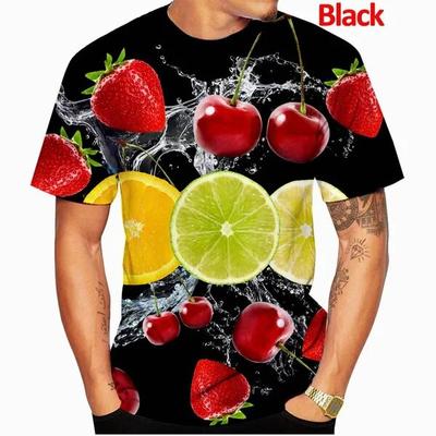 Men's Fashionable Colorful Fruit Print T-shirt Slightly Elastic Breathable Crew Neck Short Sleeve Summer Leisure Loose T-shirt