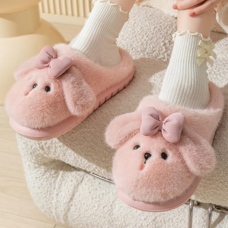 Soft Cute Dog Fleece Warm Cotton Slippers Women Autumn Winter Cartoon Versatile Anti Slip Thick Sole Plush Slippers