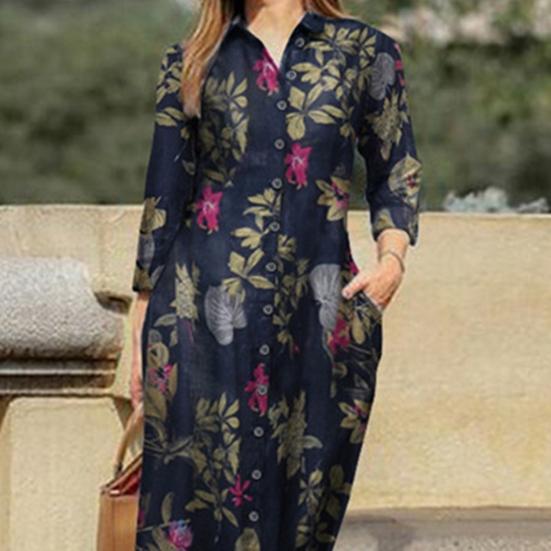 Turn-Down Collar Long Sleeve Women Dress with Pocket Geometry Pattern Single Breasted Shirt