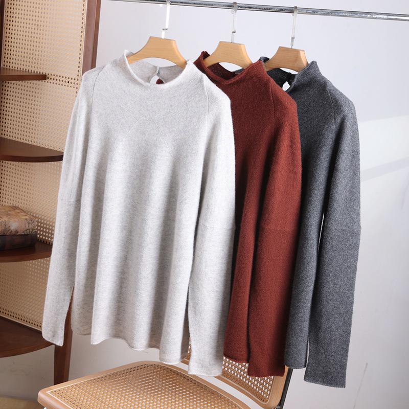 Women's Pure Cashmere Batwing Sleeve Pullover with Rolled Hem and Half-High Neck - Autumn & Winter Style
