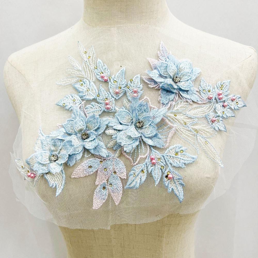 Sequins Flower 3D Embroidery Patches Handmade Lace Fabrics Applique Embroidered Floral Patches