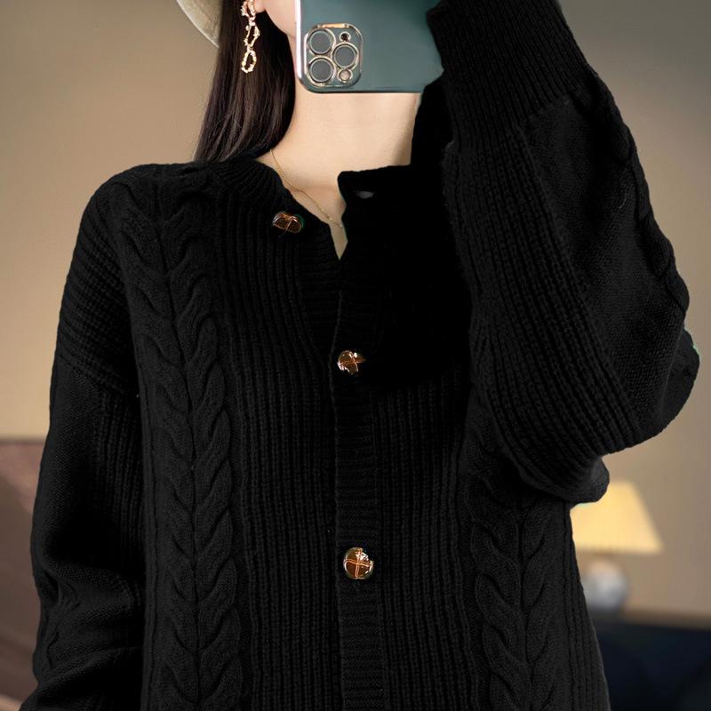 2025 Stylish Women's Retro Pure Wool Knit Cardigan - Slimming Casual Loose Long Sleeve Autumn Winter Sweater