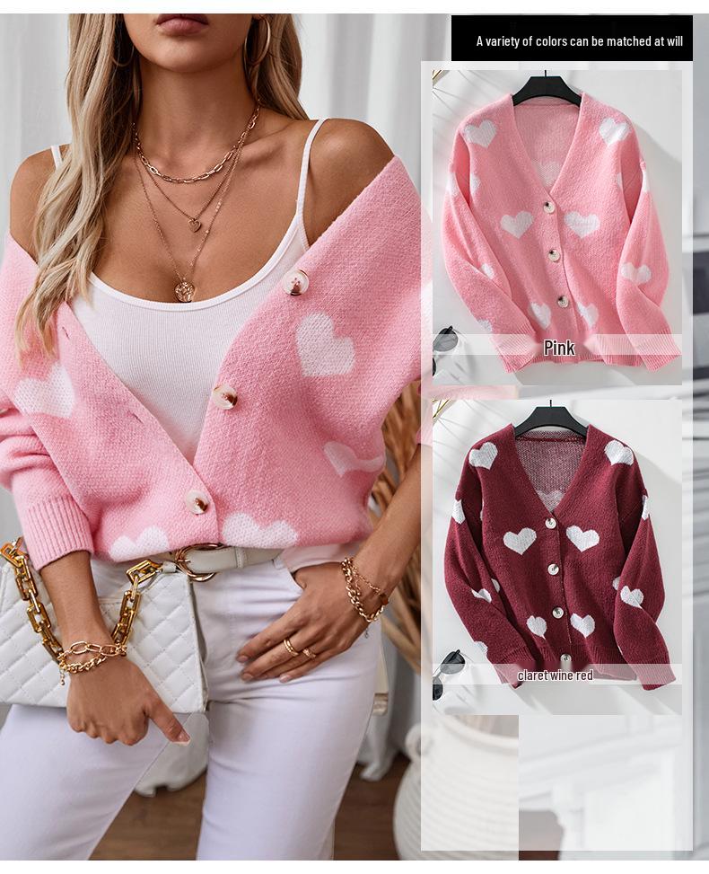 Fuzzy Women's Knitwear: Heart Single-Breasted Loose Cardigan - Autumn/Winter 2024