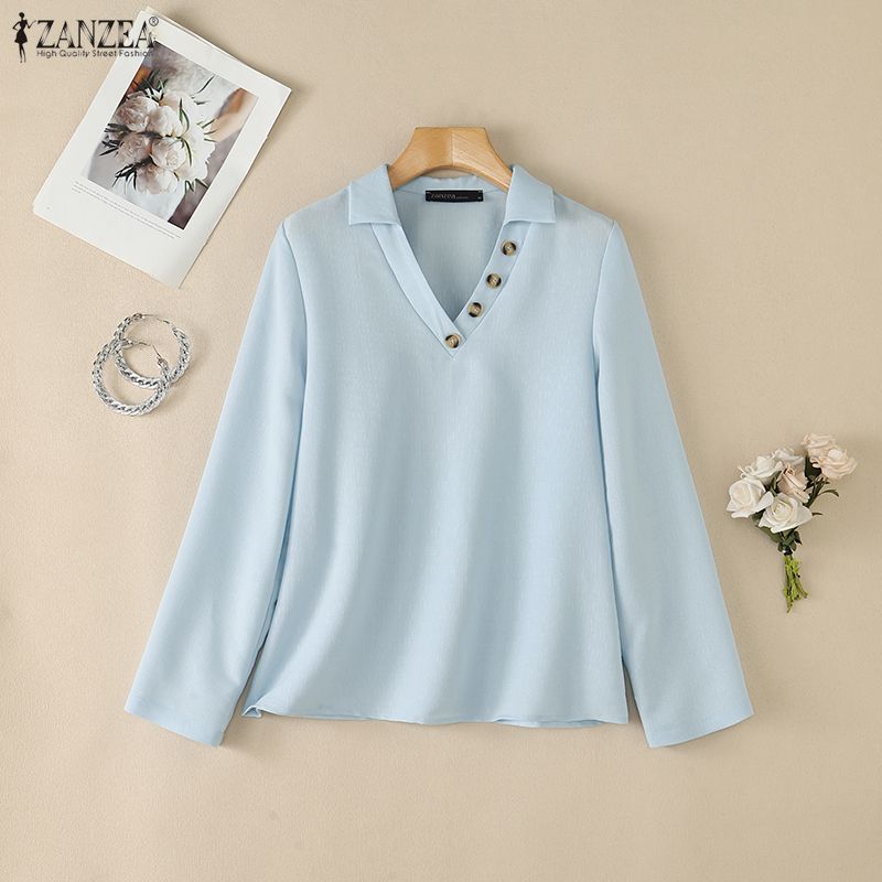 ZANZEA Womens Casual Lapel V Neck Long Sleeve Solid Color Blouse Loose Fit Work Office Shirts