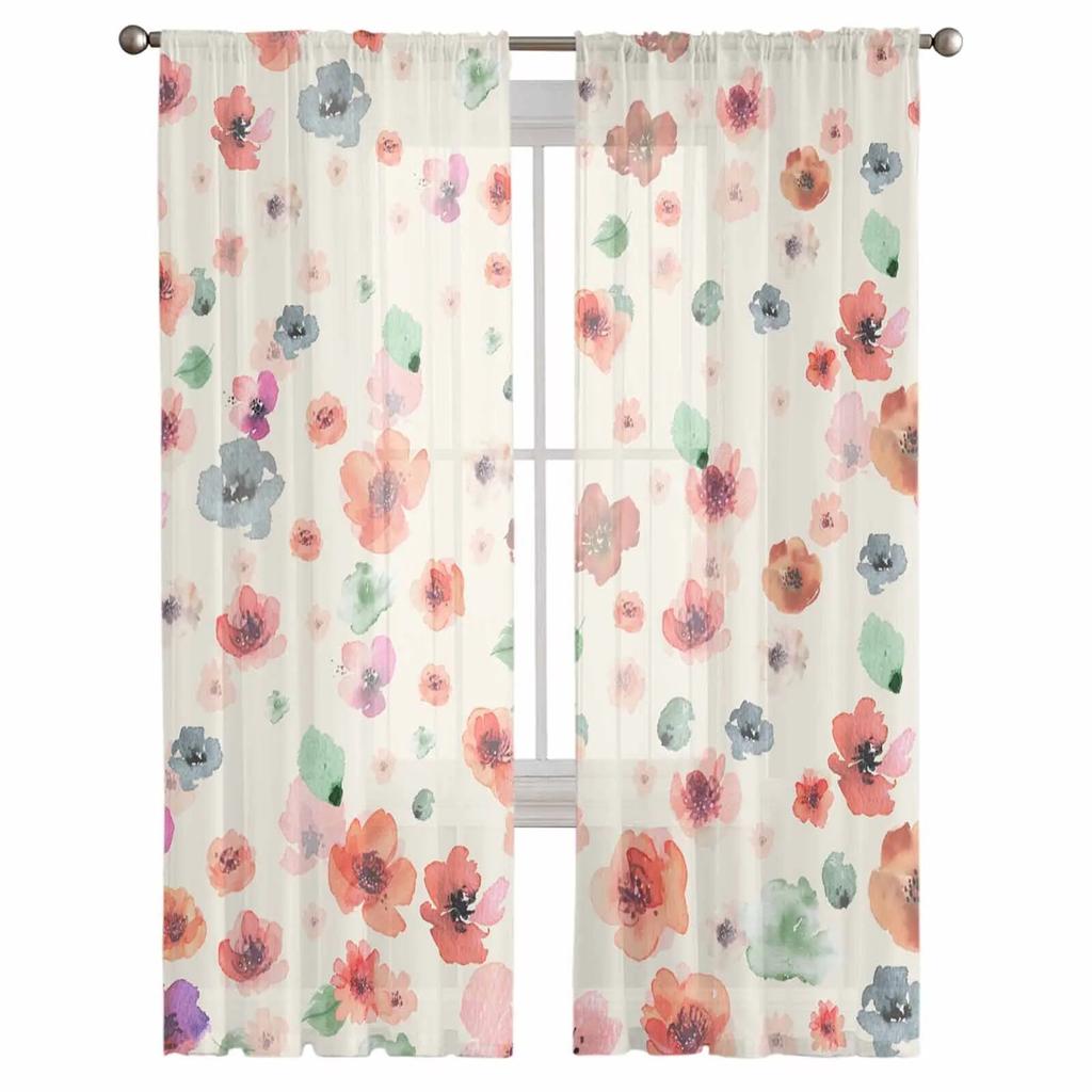Watercolor Floral Hand Painting Tulle Voile Curtains for Bedroom Living Room Window Curtain Sheer Curtains Organza Drapes