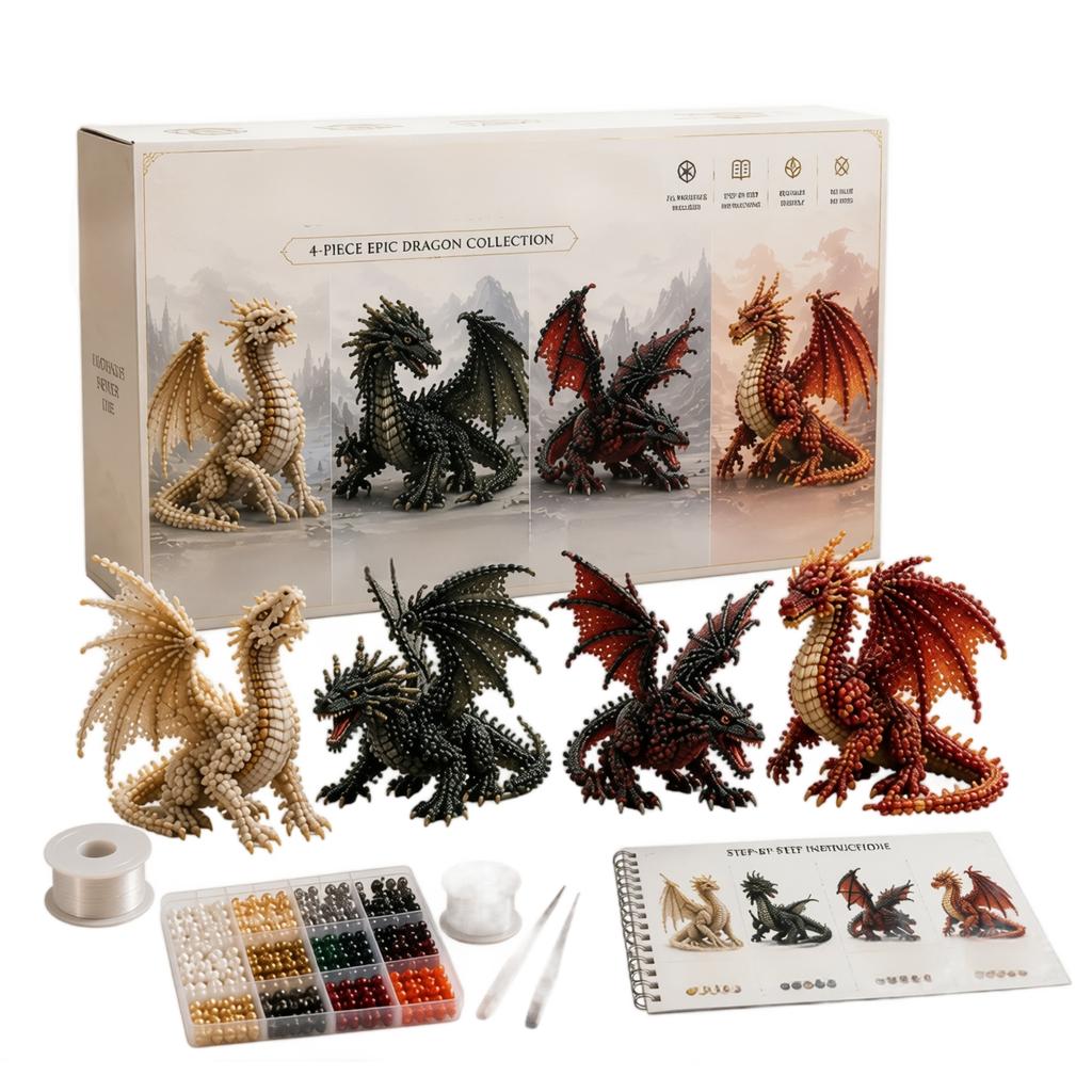 3D Beaded Dragon DIY Kit with 4 Dragon Models Includes Beads Tools and Step by Step Instruction Book for Handmade Craft Projects