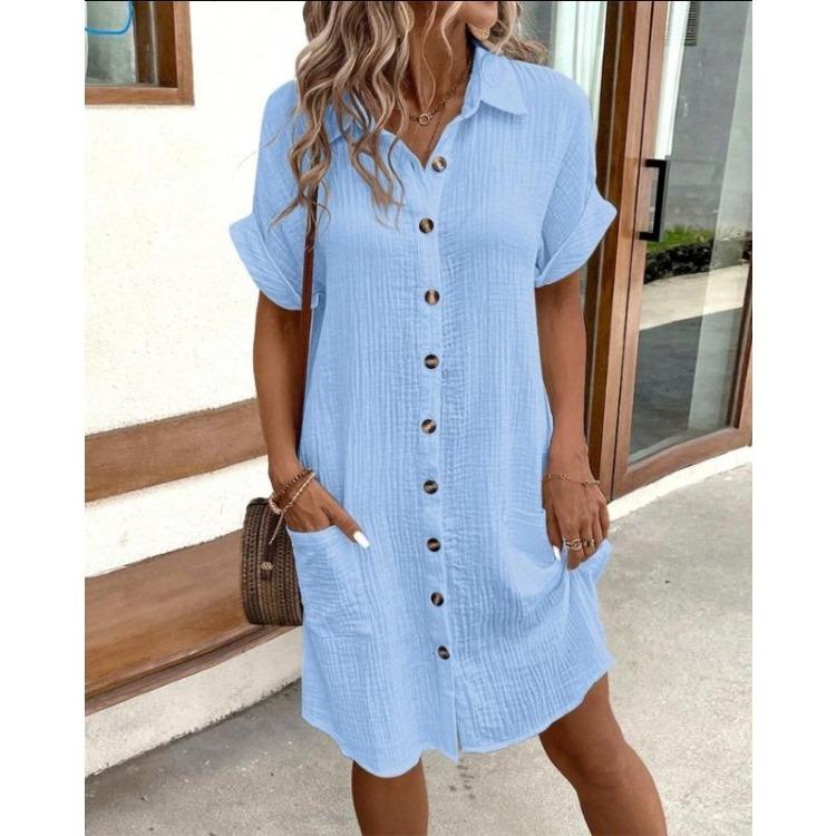 Loose Casual Midi Dress Women Solid Color Single Breasted Short Sleeve