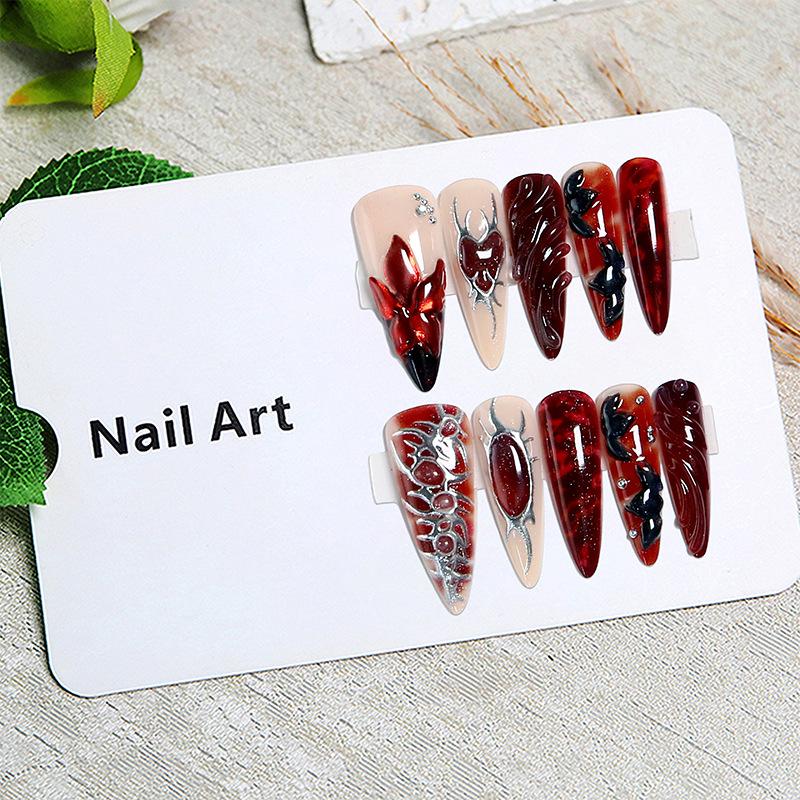 Ge Fengte Wearing Nails Burgundy Three-dimensional Carved Metal Thorns Love Long Pointed Nail Art