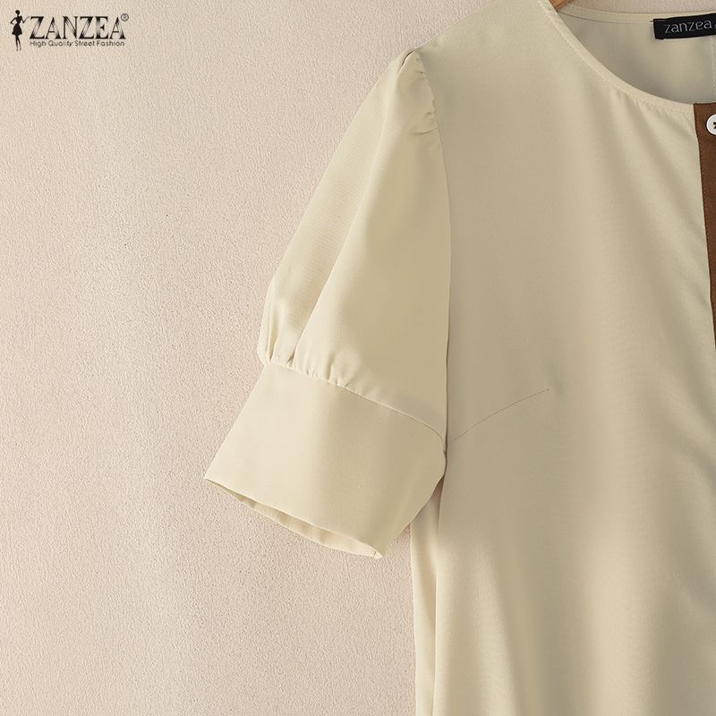 ZANZEA Women Casual Round Neck Loose Half Sleeve Patchwork Dress