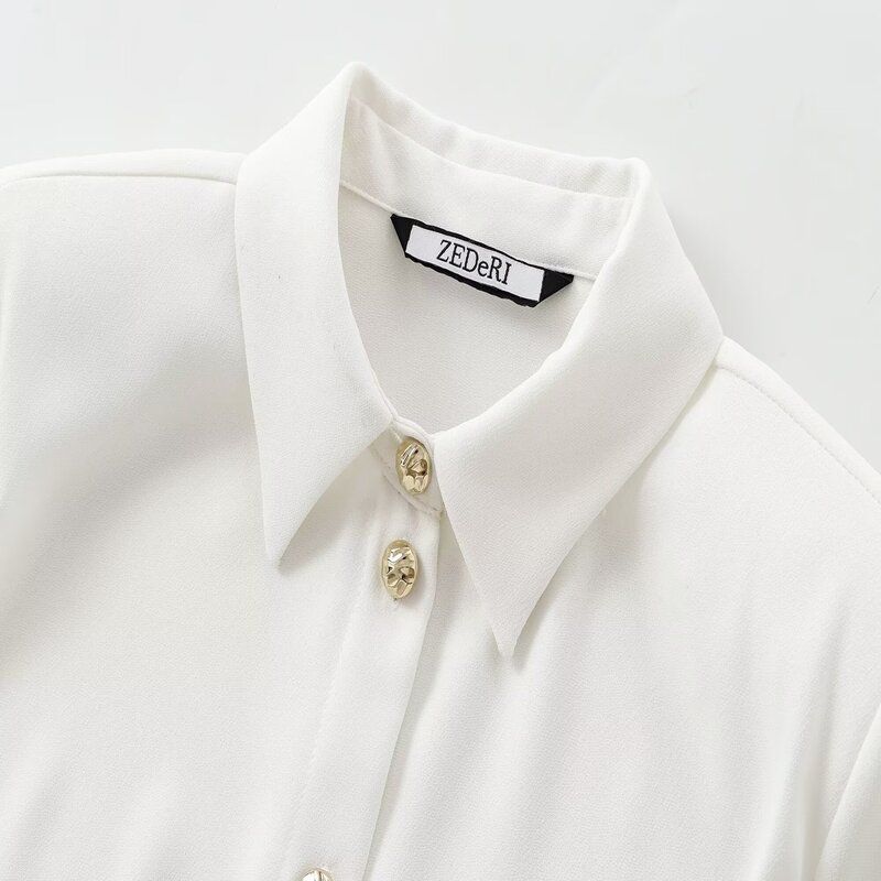 Fashion Style 2024 Fall and Winter New Women's Clothing Easiest for Match Padded Shoulder Decorative Crepe Long Sleeves Lapel Shirt 9258572