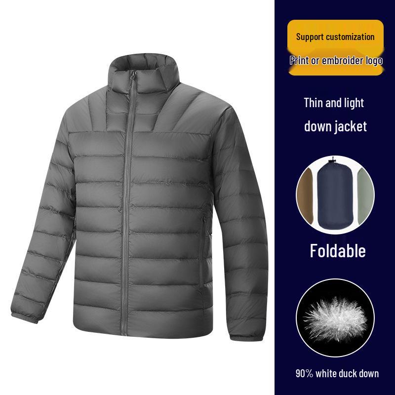 Hochwertige Unisex-Leichtgewicht-Daunenjacke mit Rippenstruktur, 90 % weiße Entendaunen und mit Text bedrucktem Futter