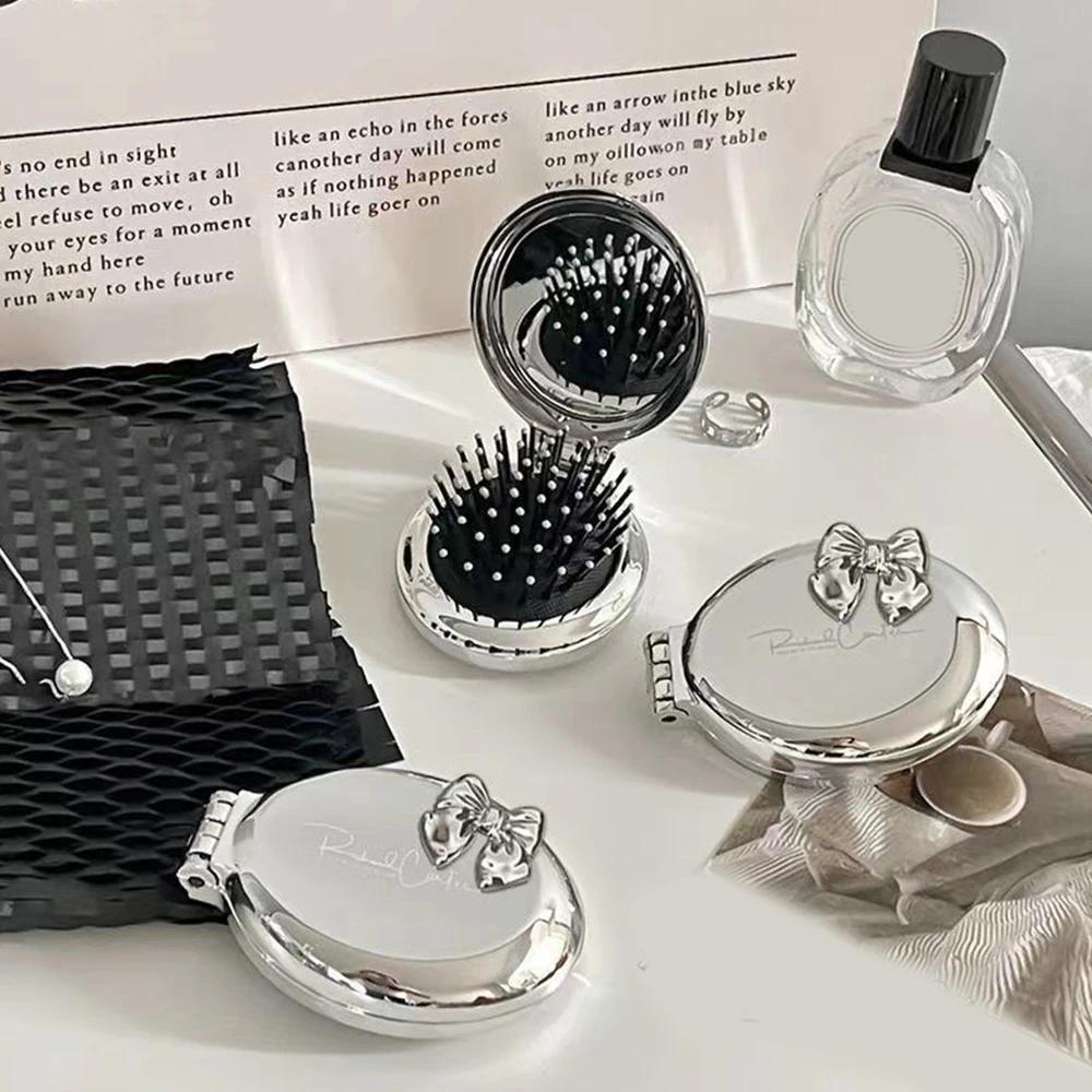 Portable Mini Silver Pocket Mirror Folding Comb Girl Women Round Small Travel Massage Hair Brush with Mirror Styling Accessories