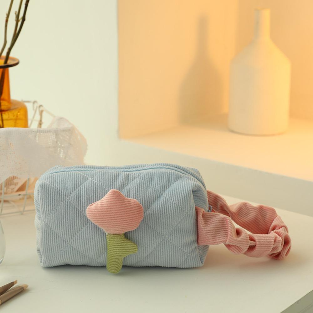 

Corduroy Makeup Bag Zipper Large Capacity Women s Makeup Pouch Tulip Flowers Multifunctional Make Up Organizer