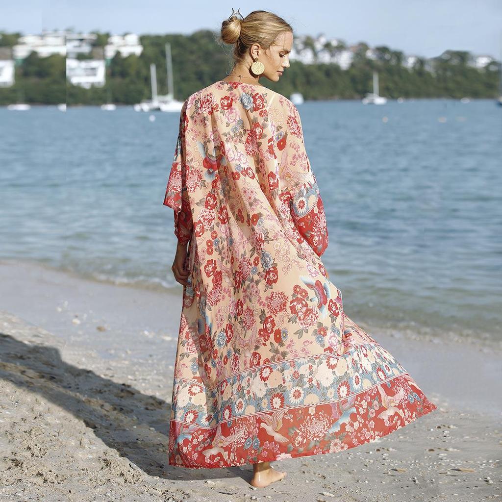 European & American Plus Size Chiffon Print Vacation Long Robe Beach Dress
