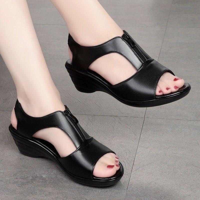 Women's Sandals Soft Leather Wedge Flat Shoes 2025 Summer New Fish Mouth Slope Heel Sandals Comfortable Soft Bottom Shoes