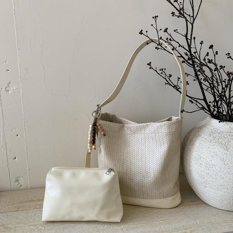 IELGY Ladies Messenger Bag Woven Pattern Bucket Bag Solid Color All-Match One Shoulder