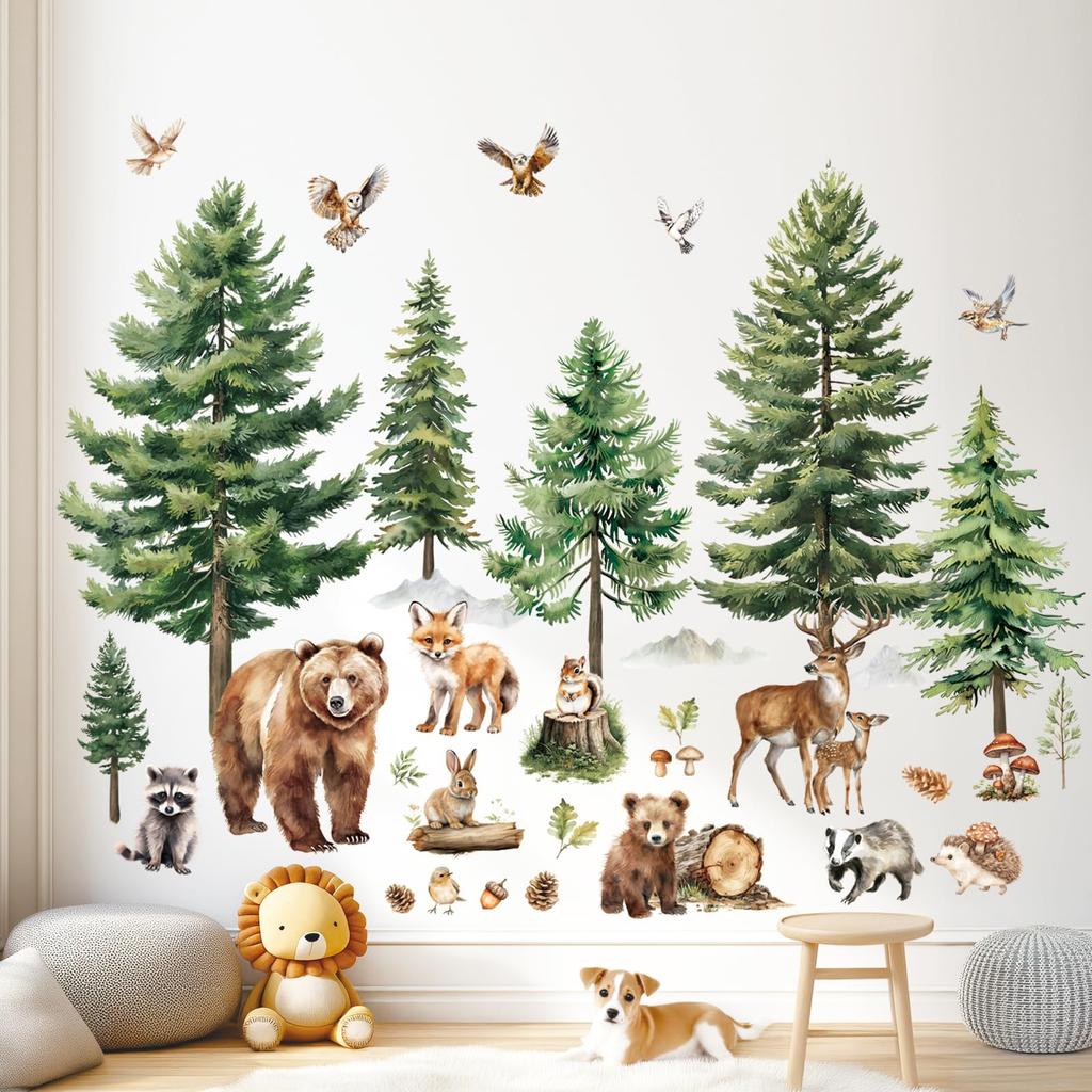 DECOWALL Watercolor Forest Animals Wall Stickers with and Tree Design for and Removable DIY Wall Decor for and Infants Bear, Deer, Fox, Kids' Rooms,