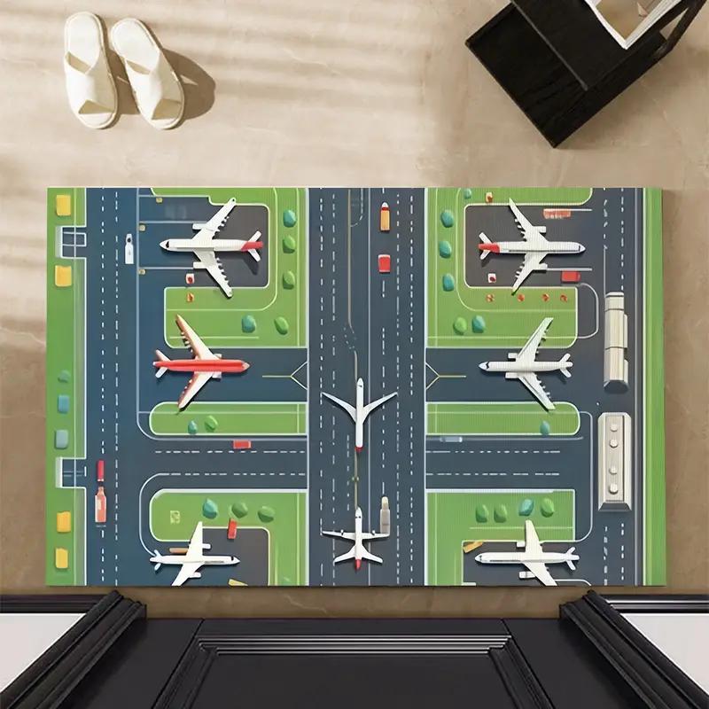 Kids Play Mats Cartoon Airport Landing Strips Top View Aircraft and Airplane Arrival Carpet Kids' Bedroom Playroom Nursery Decor