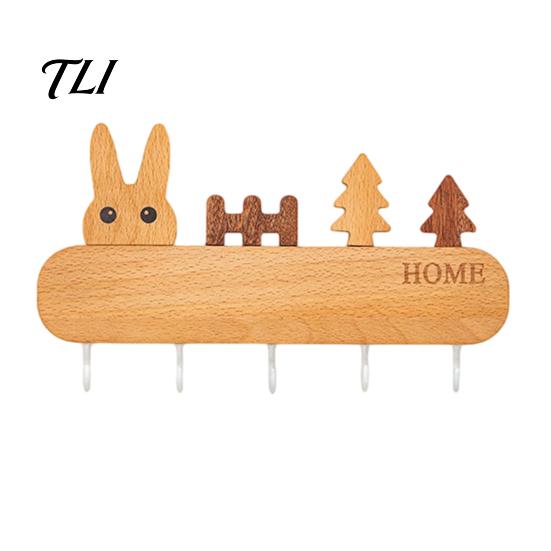 Heavy Duty Screw Fixation Hooks Wooden Key Holder with 5 Hooks, Cartoon House Theme Organizer, Multi Entryway Wall Storage Purpose Hanging Rack