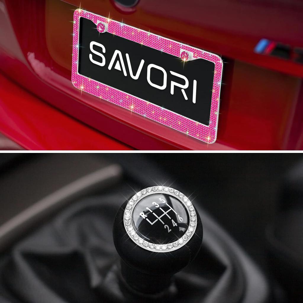 Bling License Plate Frames for Women 2 Pack, Rhinestone Crystal License Plate Cover with Bolts Washer Caps Univerasl Bling Car Accessories for Girls