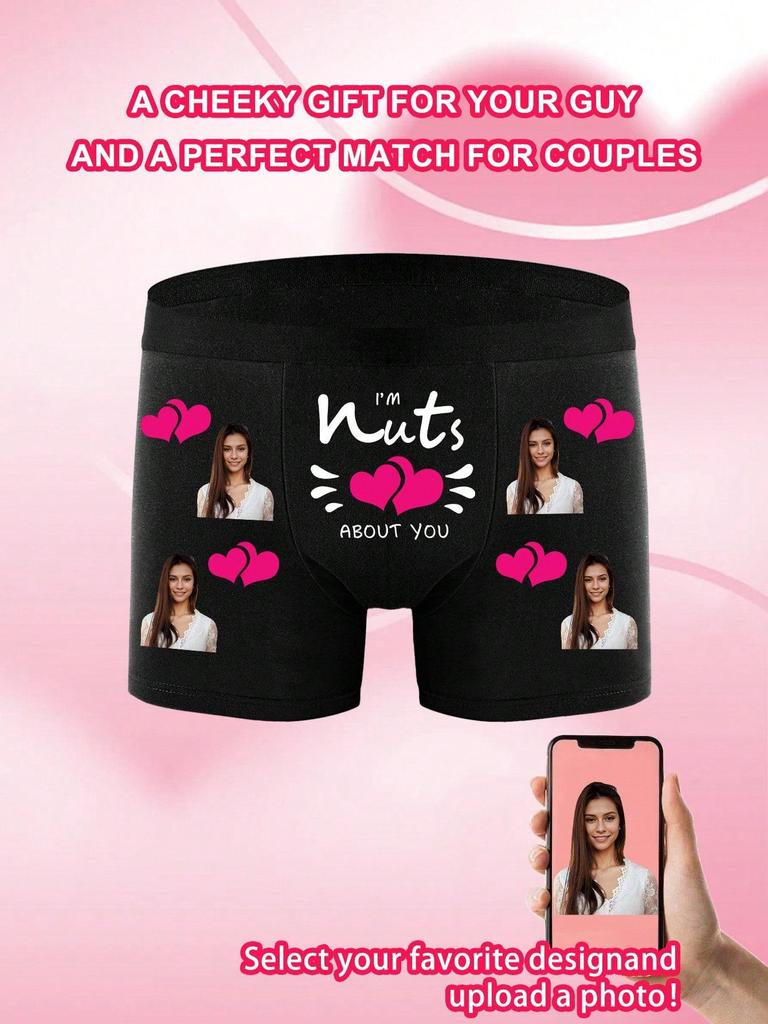 Men's Customized Photo Pink Heart Pattern Boxer Briefs, Elastic Soft Comfortable Personalized Underwear, Ideal Gift for Boyfriend/Husband